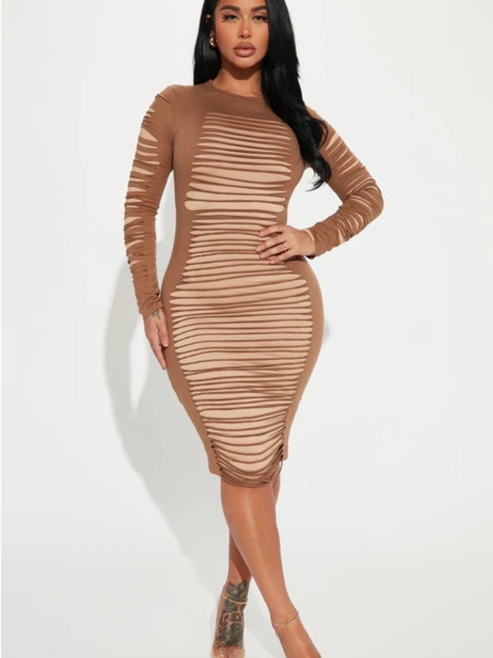 Fashion Nova Tan Cutout Ruched Long Sleeve Midi Dress